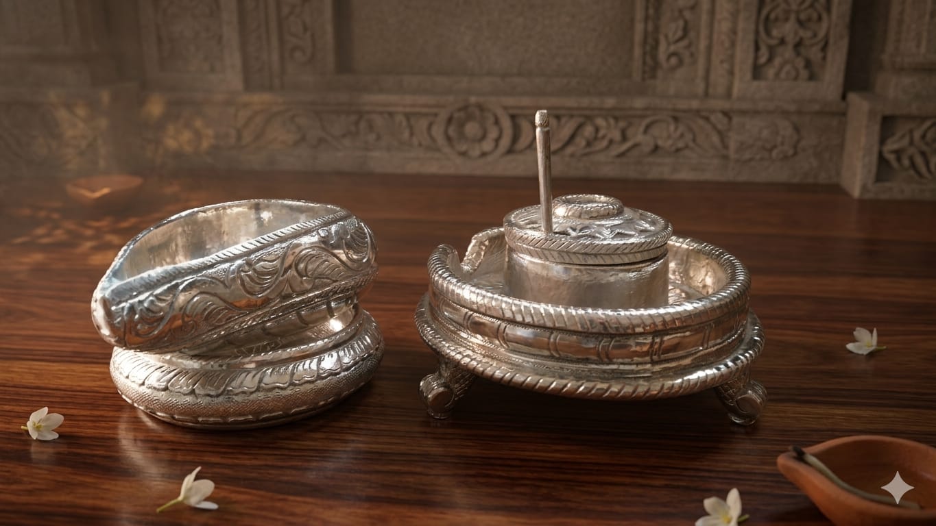 Silver Plated Puja Bowl & Dhoop Holder Set