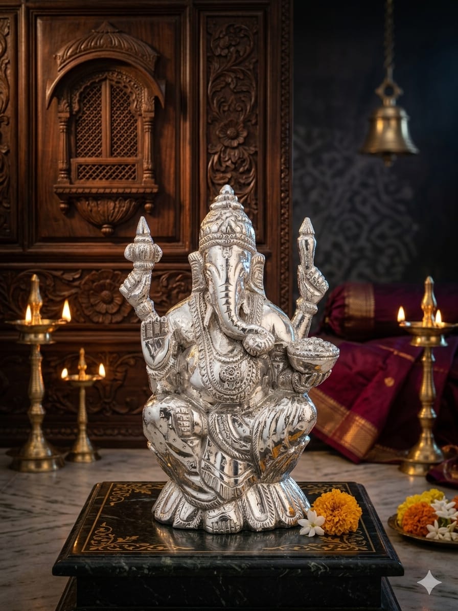 Silver Plated Lord Ganesha Idol (Seated)