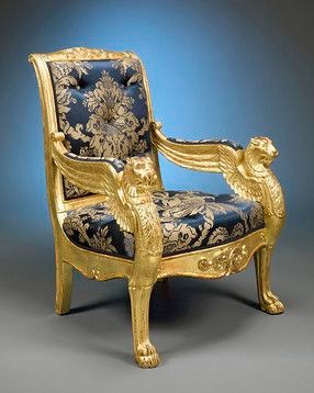 Winged Lion Gold Carved Damask Armchair