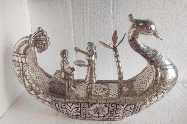Silver Plated Swan Boat with Figurines