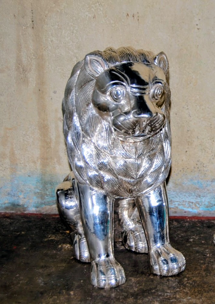 Silver Plated Lion Guardian Sculpture (Simha)
