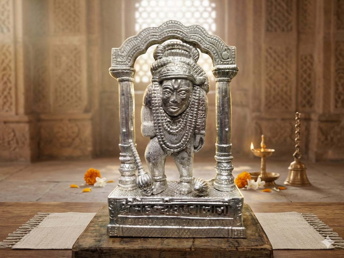 Silver Plated Hanuman Idol in Temple Frame