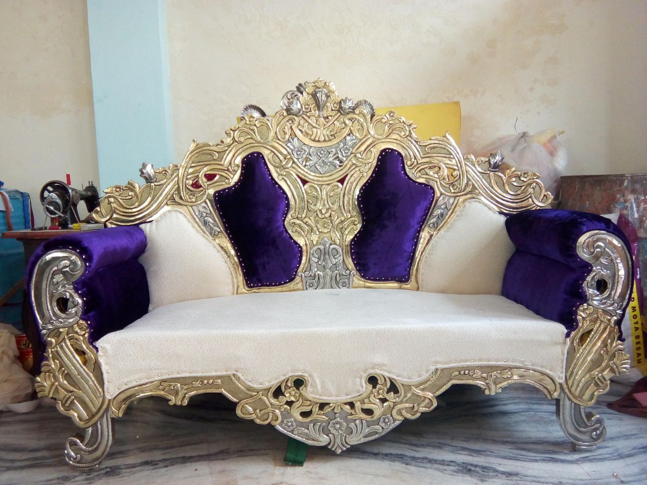 Purple & Ivory Carved Royal Sofa