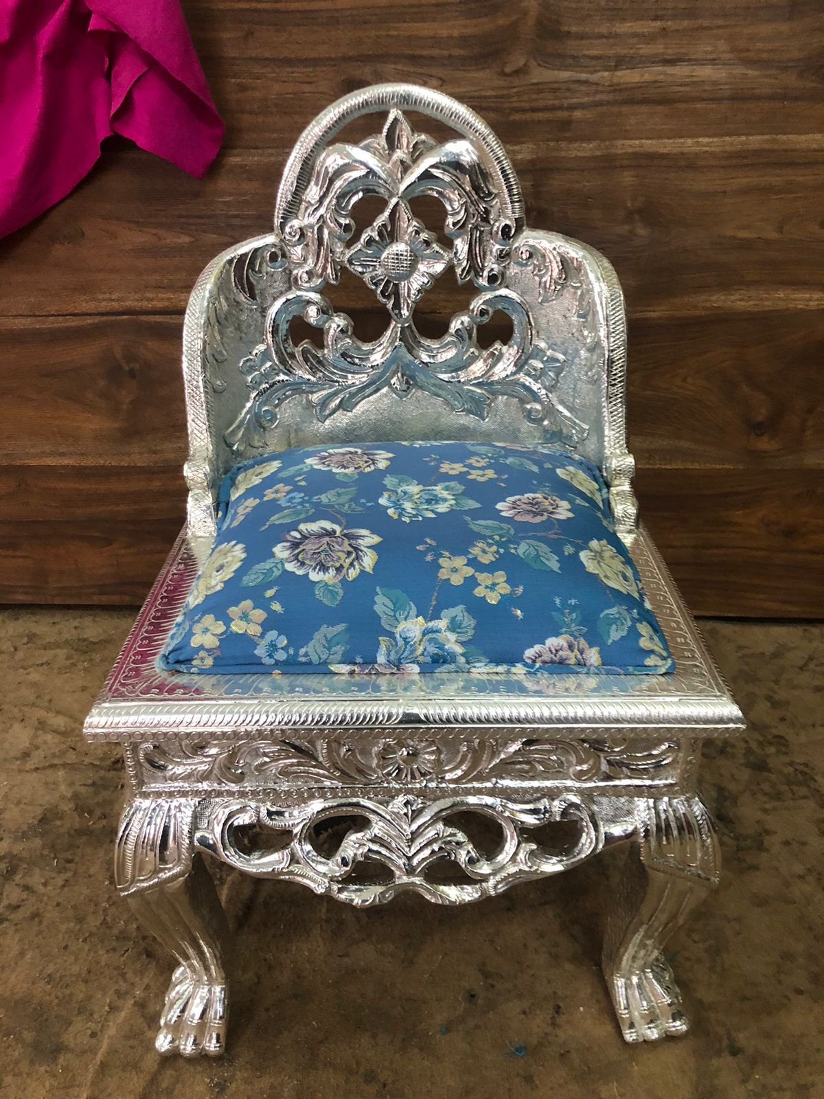Silver Plated Carved Chowki Chair with Cushion